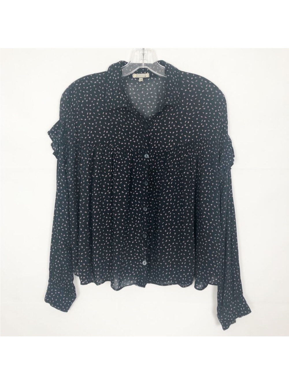 gimmicks by BKE Navy Blouse with Pink Micro Print
